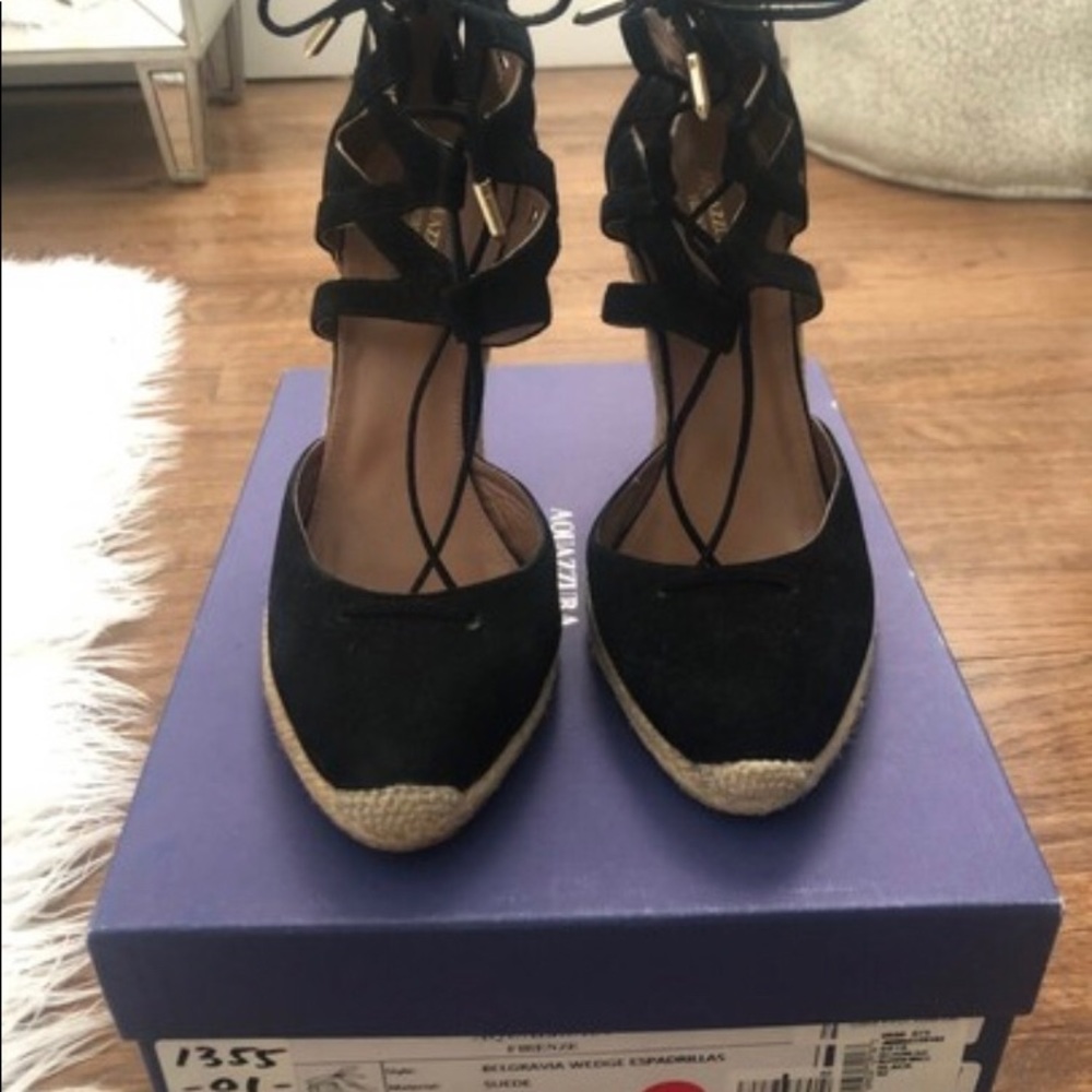 Aquazzura Belgravia Wedge Sandals 40 (US 10) | Black Lace-Up Espadrille Heels - Picture 4 of 7